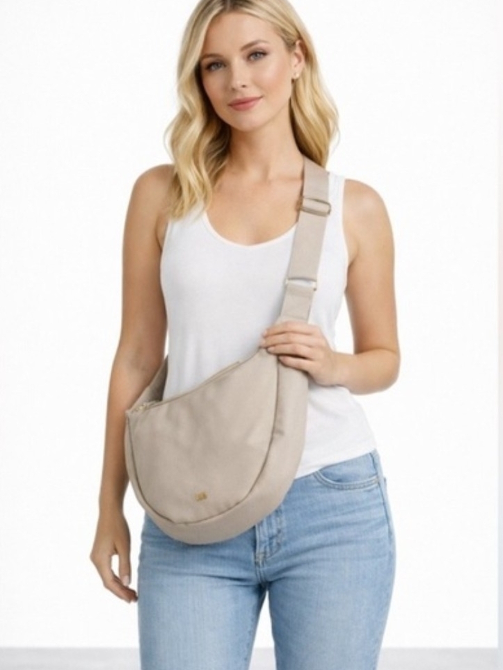 NWOT JULY Everyday Crescent Canvas Travel Crossbody Beige Adjustable Strap Zip